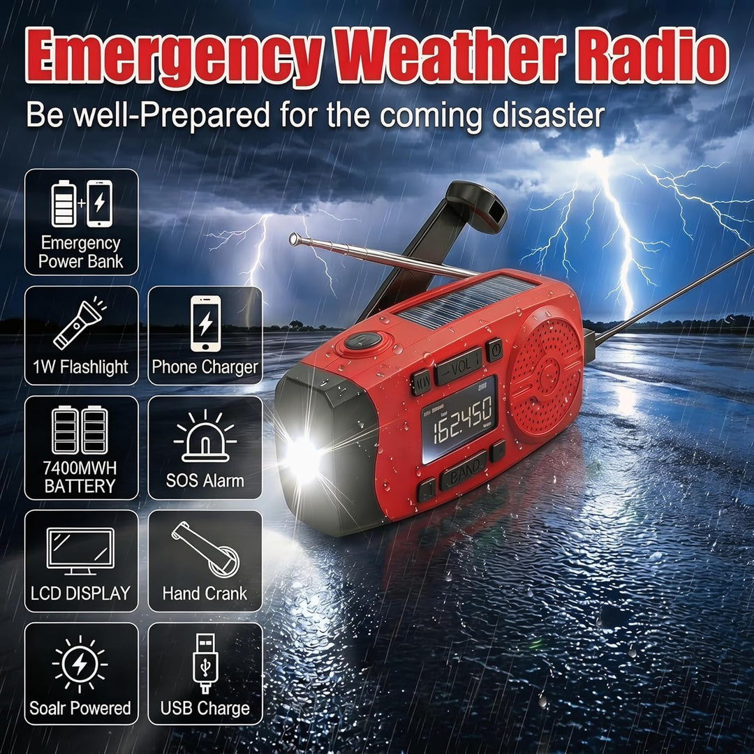 Solarkurbel-Notfallradio mit LCD-Display, 2000mAh Powerbank, 3-in-1 Taschenlampe mit SOS-Alarm, trag