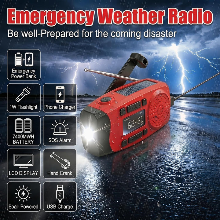 Solarkurbel-Notfallradio mit LCD-Display, 2000mAh Powerbank, 3-in-1 Taschenlampe mit SOS-Alarm, trag
