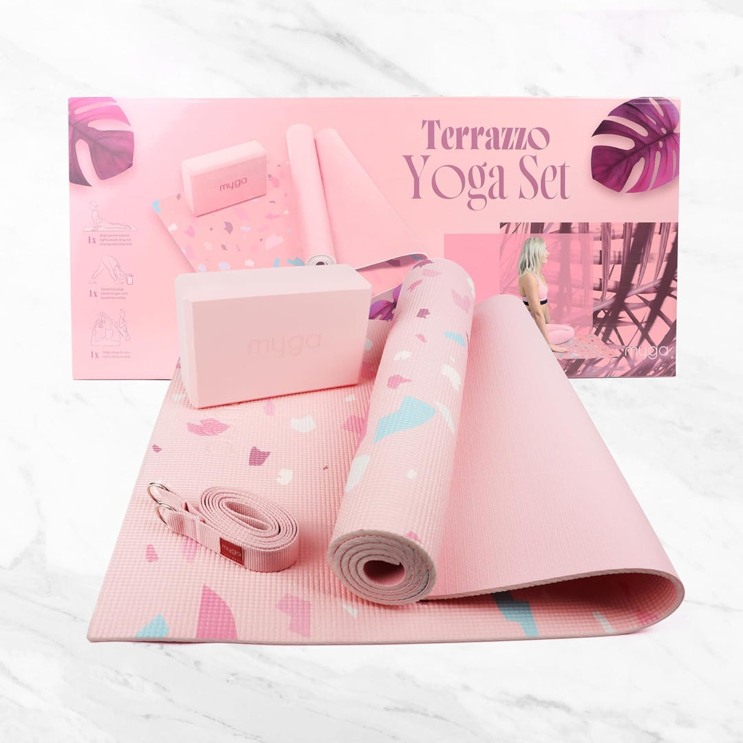 Myga Yoga Starter Kit | Komplettes Set mit Yogamatte, Yogablock & Gurt | rutschfest & Unterstützend