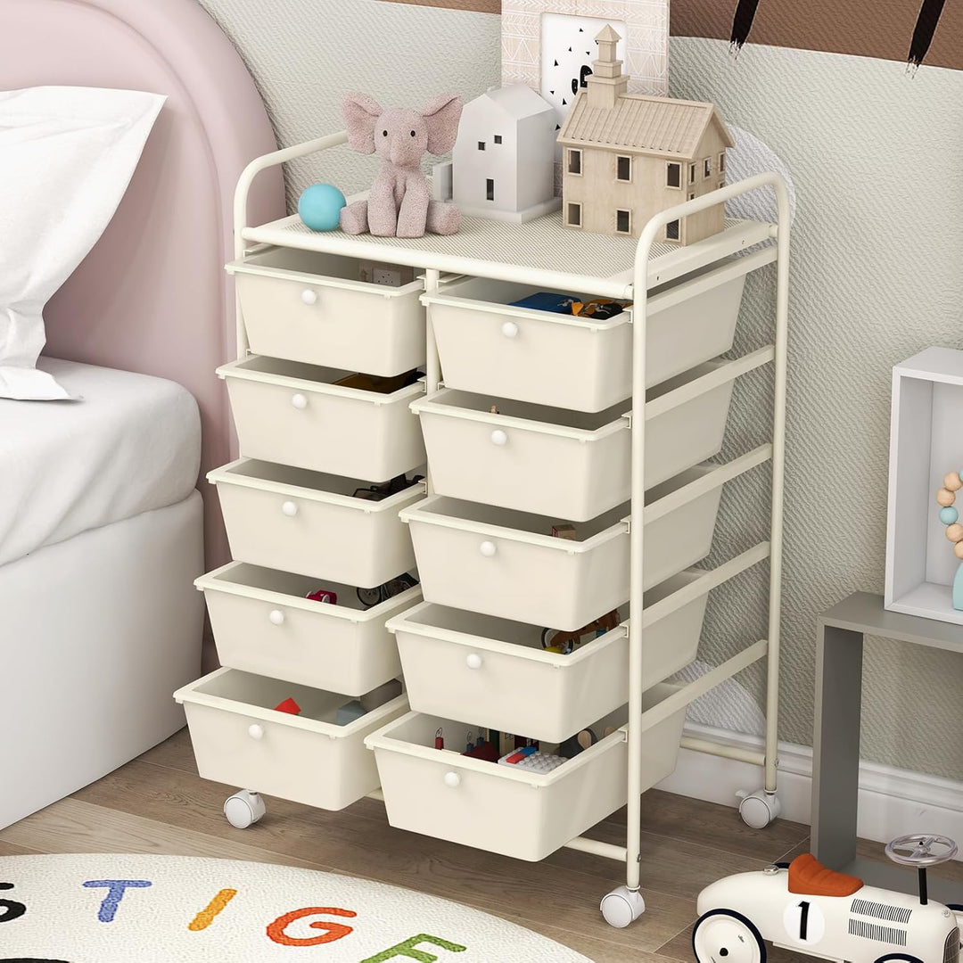 COSTWAY Rollwagen mit 10 stapelbaren Schubladen, Schubladenwagen Rollcontainer mit Metallgestell und