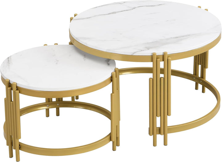 Merax Rund Couchtisch Set, 2-in-1 Nesting Couchtisch Satztisch, in Marmoroptik, Goldener Metallrahme