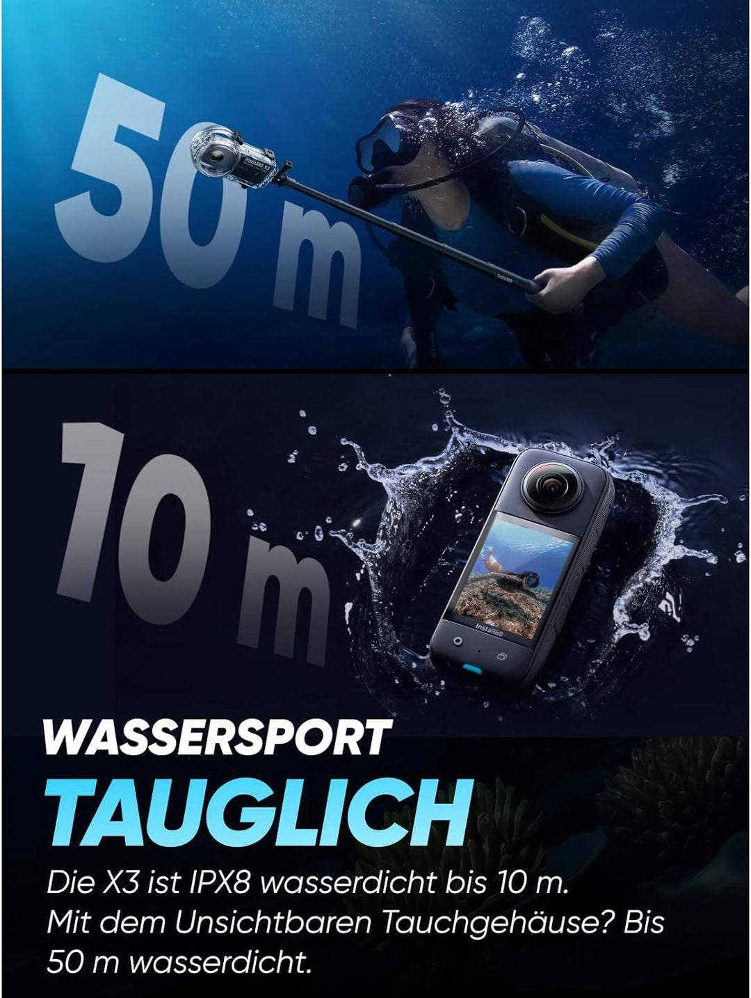 Insta360 X3 Invisible-Dive-Kit - wasserdichte 360°-Actionkamera mit 1/2"-Sensor, 5,7K 360°, 72MP 360