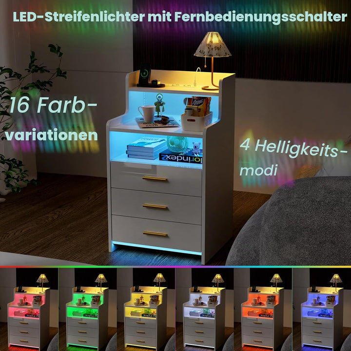 PIPIPOXER Nachttisch mit Steckdose und Ladefunktion,Nachtschrank mit 3 Schubladen und 16 Farben Bele