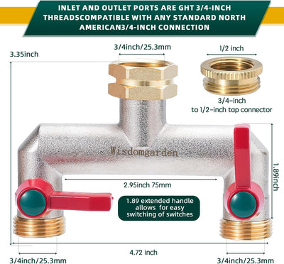 Wisdomgarden Wasserverteiler 2fach, Schwere Vernickelt Messing gartenschlauch verteiler, 2 wege vert