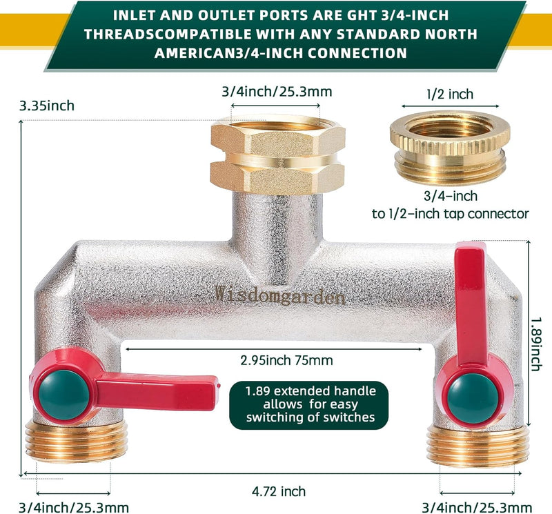 Wisdomgarden Wasserverteiler 2fach, Schwere Vernickelt Messing gartenschlauch verteiler, 2 wege vert