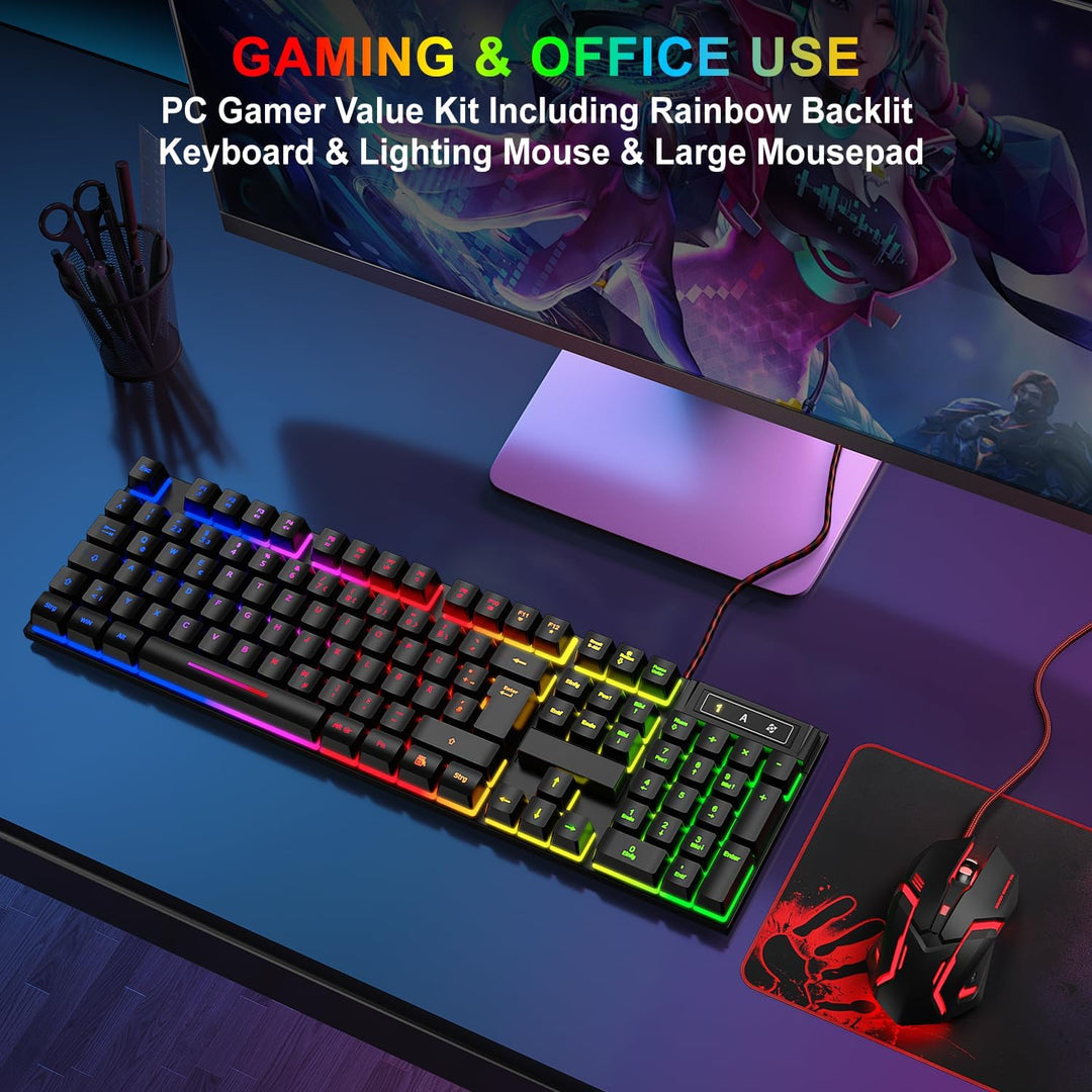 Gaming Tastatur und Maus Set, QWERTZ DE Layout, RGB Hintergrundbeleuchtete Kabelgebundene Tastatur,