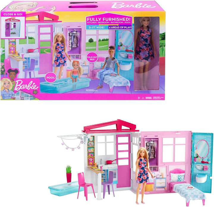 Barbie-Haus mit Küche, Schlafzimmer, Badezimmer, Pool, komplett eingerichtet Möbeln, verschliessbar