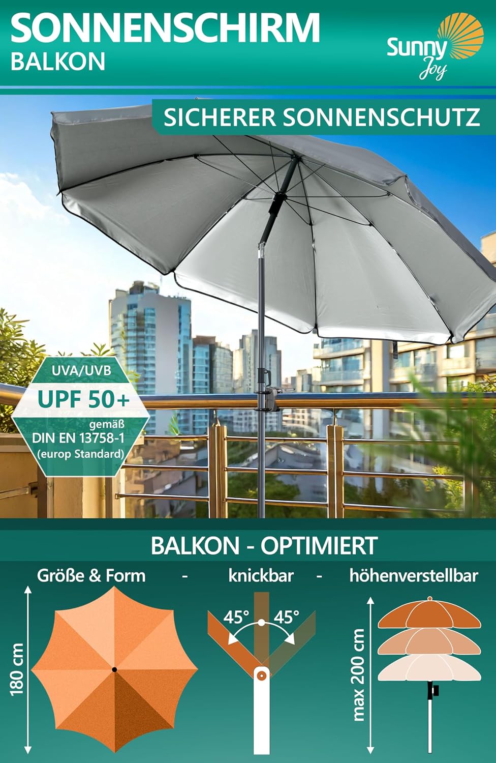 4smile Sonnenschirm Balkon SunnyJoy Ø 180 cm, 3-IN-1 Set - UPF 50+ Balkon Schirm + Sonnenschirmhalte