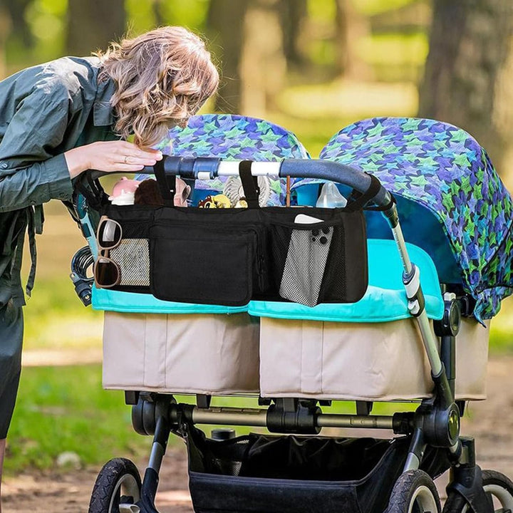 Doppel-Kinderwagen-Organizer, geräumige, wasserdichte Organisation mit 3 Fächern, kompakter Kinderwa