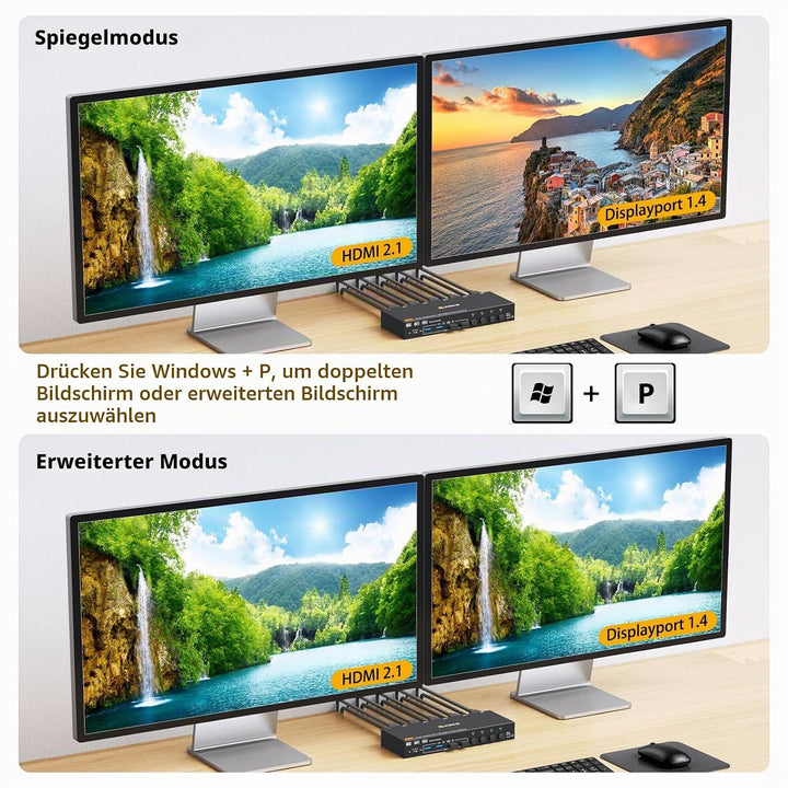 KVM Switch 4 PC 2 Monitore HDMI Displayport 8K@60Hz 4K@144Hz, USB 3.0 KVM Switch Dual Monitor for 4