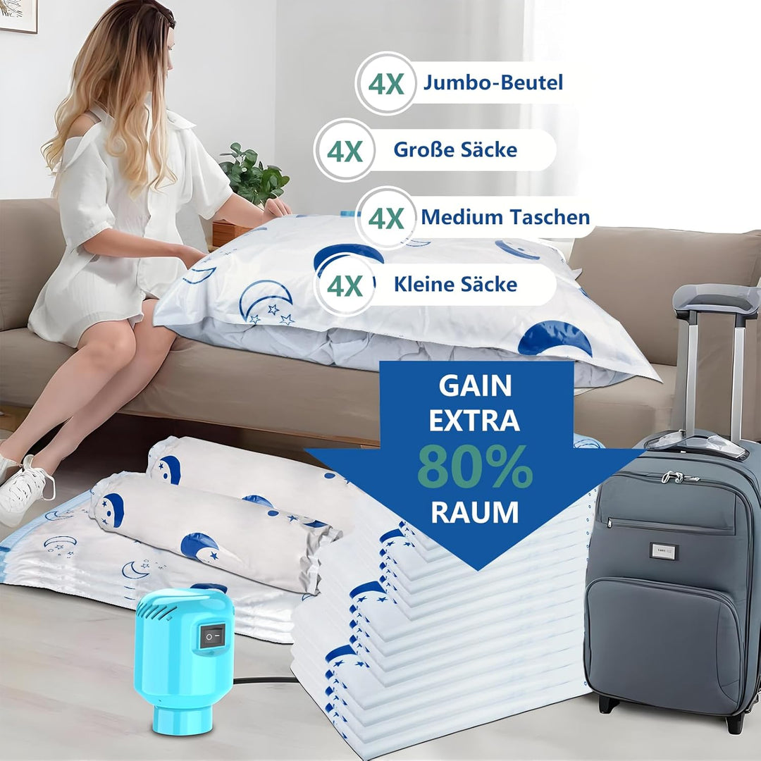 SZO Vakuumbeutel für Kleidung Bettdecken mit Elektrische Pumpe 16 Stück (4 Jumbo, 4 Gross, 4 Mittel,