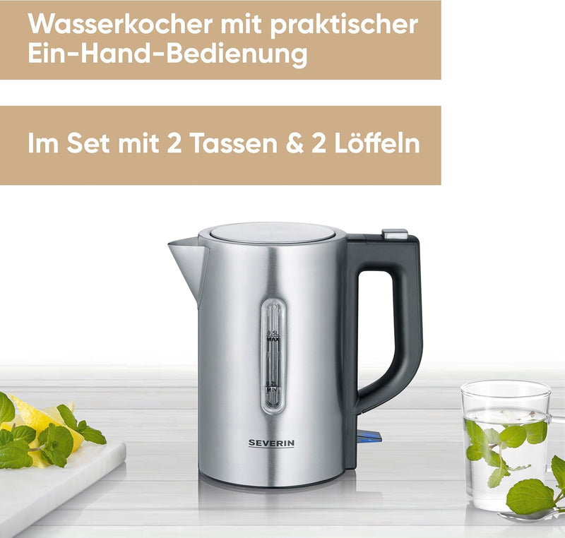 SEVERIN Reise-Wasserkocher-Set, Mini-Reisewasserkocher für 0,5 L, elektrischer Wasserkocher mit 2 Ku