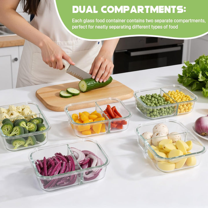 Zocipro 6 Stück Meal Prep Boxen Glas mit Deckel mit 2 Fächern 640ml | Leckproof/Leckfest Frischhalte