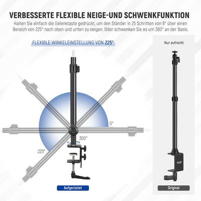 NEEWER Kamera Tischhalterung 225° neigbar& 360° schwenkbar 17,7"-24,8" Stativ mit C Klemme 1/4" Kuge