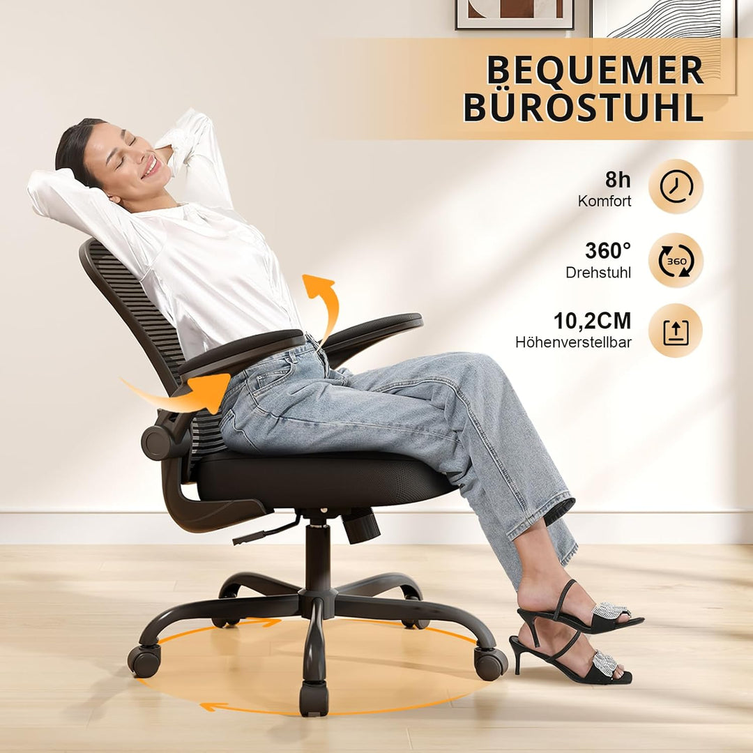 Synorla Bürostuhl Ergonomisch, Schreibtischstuhl mit Tragkraft 150 KG und 90° Hochklappbare Armlehne