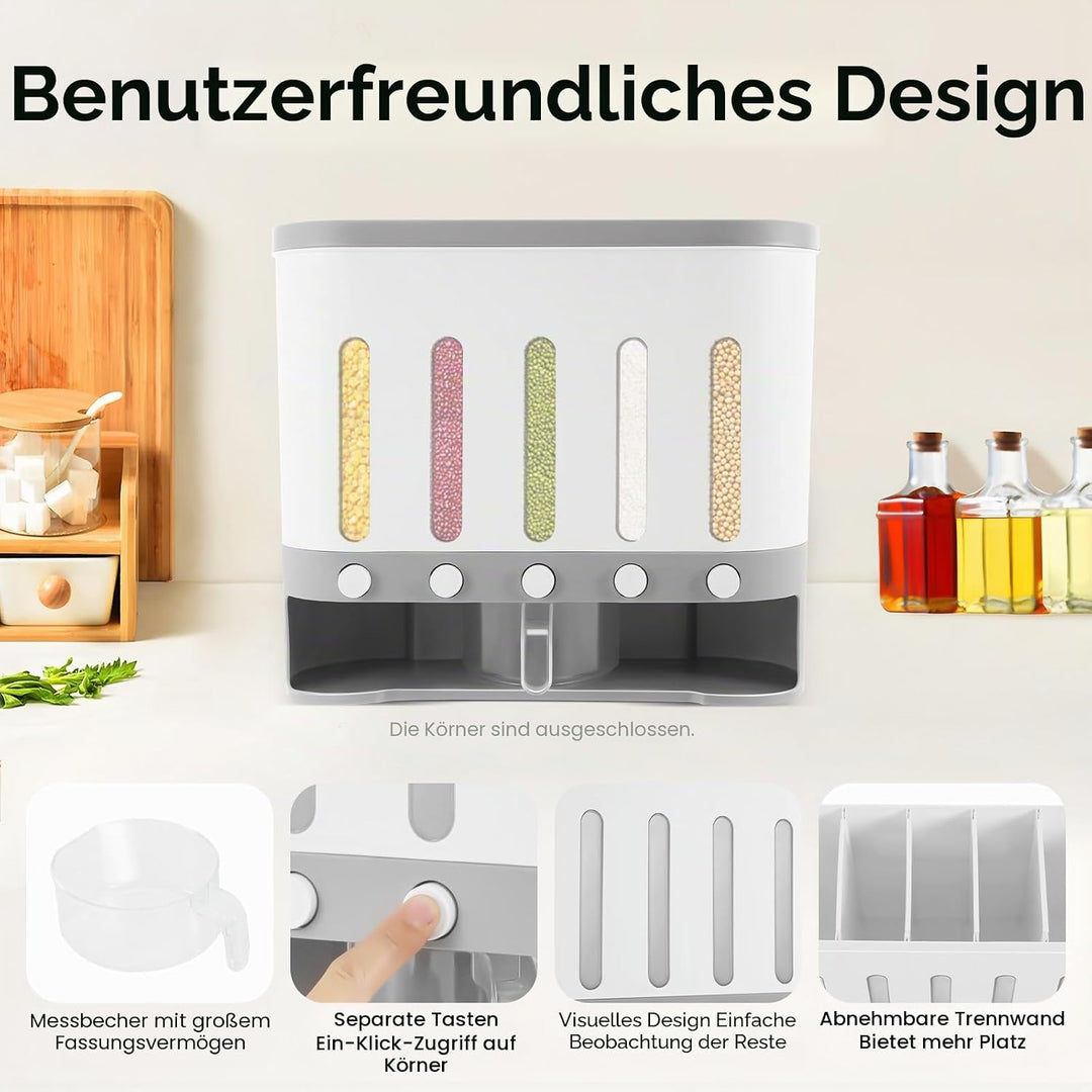 5 Gitter 10L Müslispender, Kitchen Vorratsdosen, Wand-Montiert Getreidespender, Vorratsbehälter, Leb