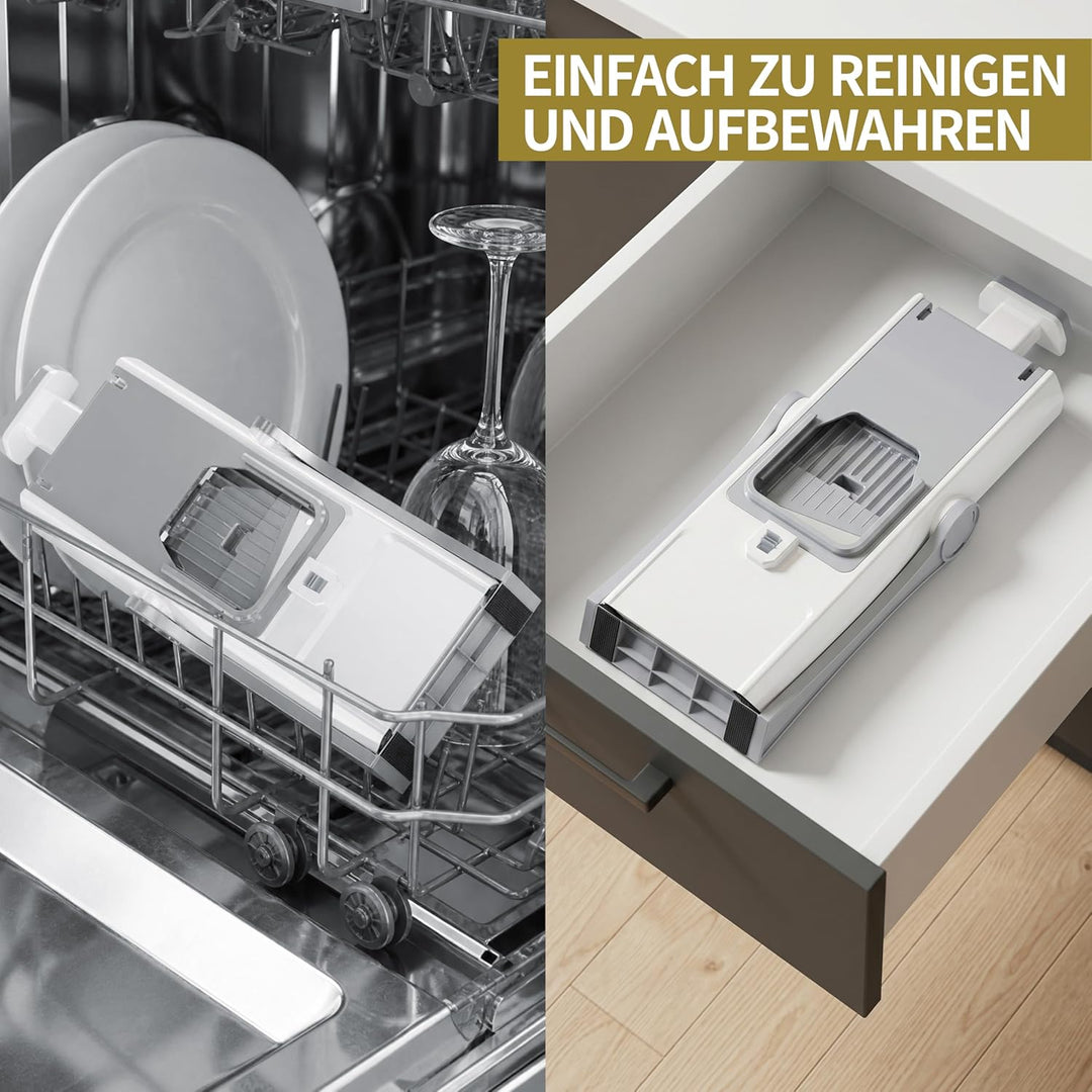 Sichere Mandoline 5 in 1, Gemüseschneider & Kartoffelschneider mit abnehmbaren Klingen | Erzeugt Sch