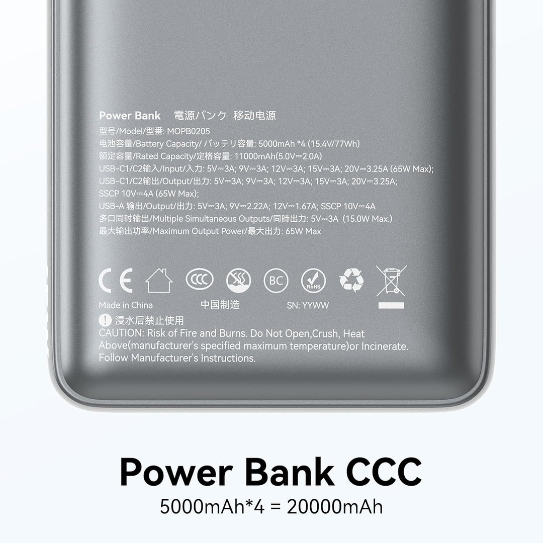 Power Bank, 65W 20000mAh Powerbank Schnellladefunktion USB C PD3.0 & QC4.0 Tragbarer Externer HandyA