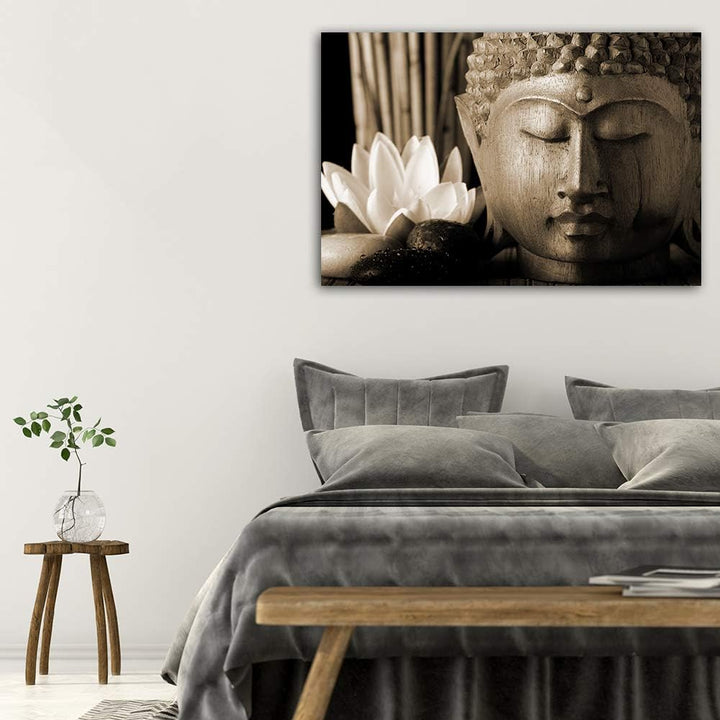 Feeby Wanddeko XXL Buddha Leinwandbild 5 Teilig Blume Lilie Skulptur Zen Sepia 100x70 cm Leinwandbil