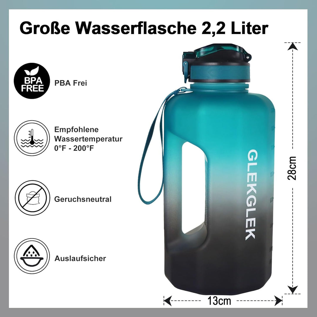 Grosse Trinkflasche 2.2 Liter, Sport Trinkflasche Fitnessstudio mit Zeitmarkierung für Arbeit Bewegu