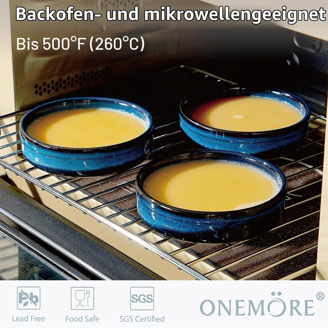 ONEMORE Auflaufförmchen, 6 Stück Soufflé-Förmchen, flache Keramik-Crème-Brûlée-Schälchen, 118 ml, bl