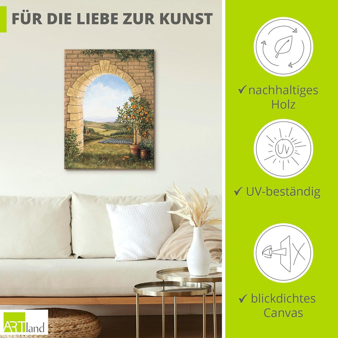 Artland Leinwandbild Wandbild Bild auf Leinwand 60x80 cm Wanddeko Fensterblick Toskana Landschaft It