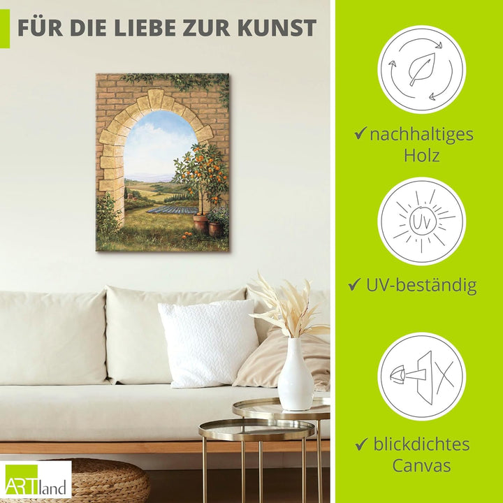 Artland Leinwandbild Wandbild Bild auf Leinwand 60x80 cm Wanddeko Fensterblick Toskana Landschaft It