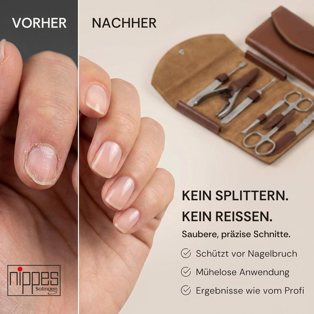 nippes Solingen Classic Premium-Maniküre Set, 7-teilig, Echtes Rindsleder-Nageletui, braun, Edelstah