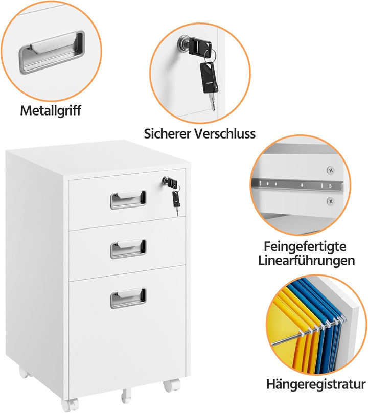 Yaheetech Rollcontainer Aktenschrank mit 3 Schubladen und Hängeregistratur Mobiler Büroschrank für A