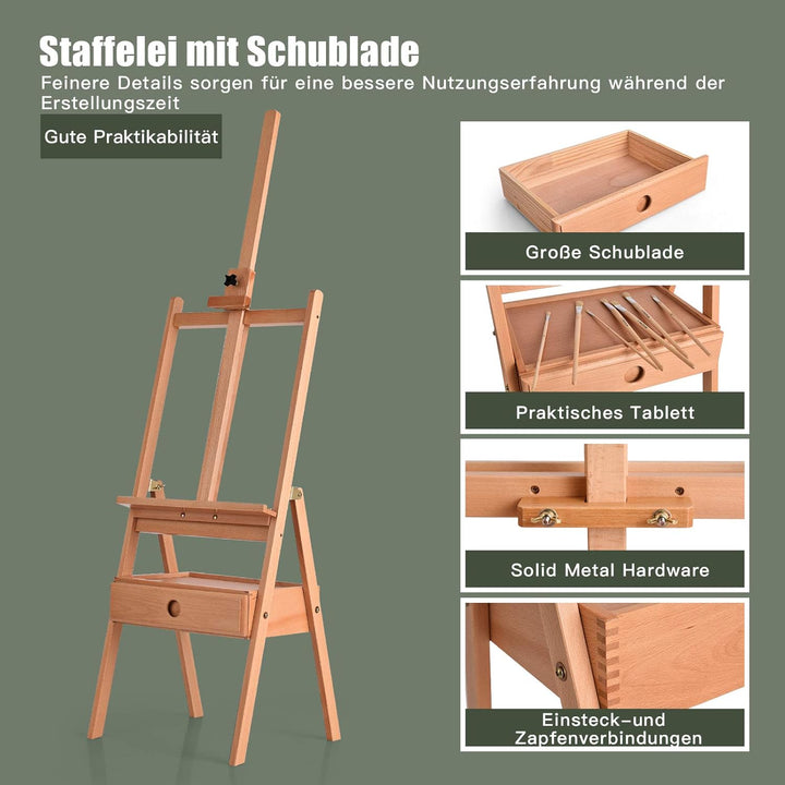 COSTWAY Staffelei Holz gross, 194,5 cm Leinwand Ständer mit Ablage und Schublade, Holzstaffelei höhe