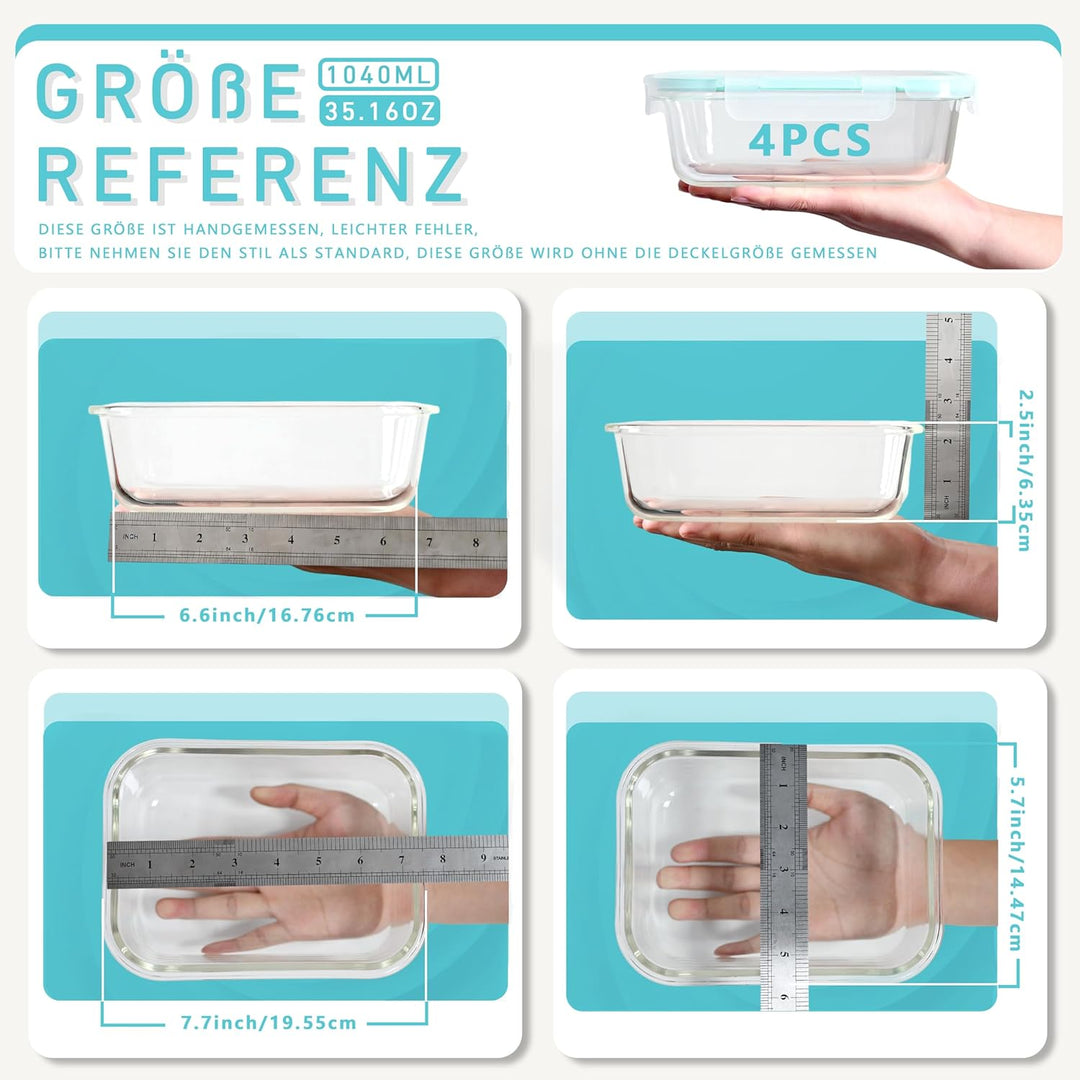 4er 1040 ML Frischhaltedosen Glas mit Deckel und 1 Reinigungsschwamm, Vorratsdosen mit Deckel, Food