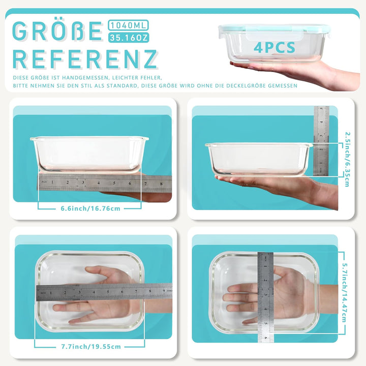 4er 1040 ML Frischhaltedosen Glas mit Deckel und 1 Reinigungsschwamm, Vorratsdosen mit Deckel, Food