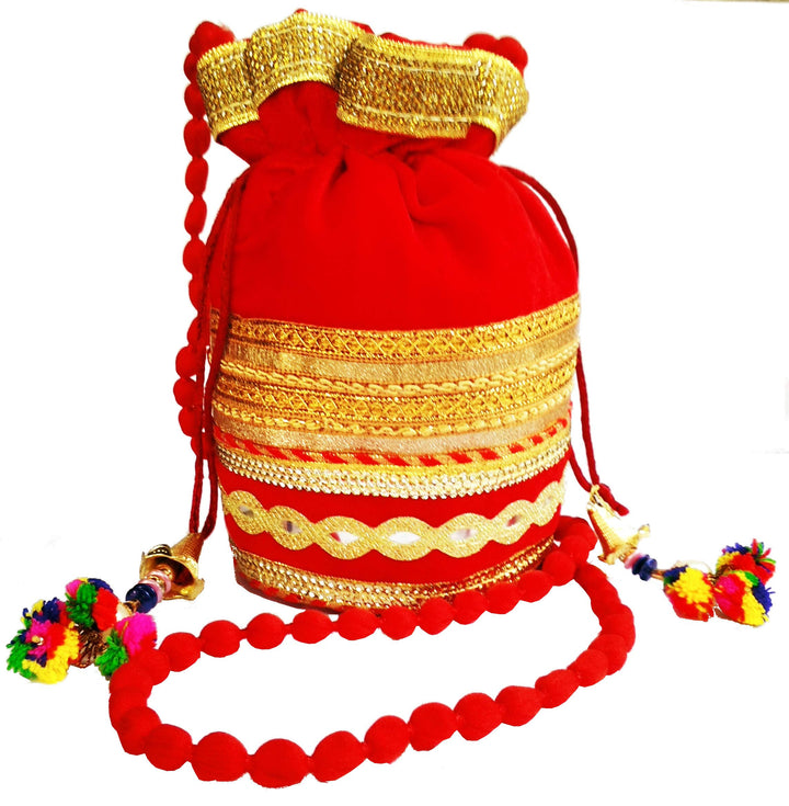 Purpledip Rich Velvet Potli Bag (Clutch, Drawstring Purse, Evening Handbag) For Women With Heavy Gol