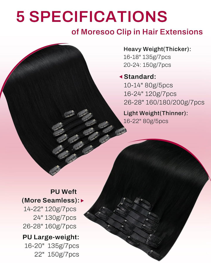 Moresoo Clip in Extensions Echthaar Remy Haarextension Echthaar Clip Doppelt Tressen Clip in Extensi