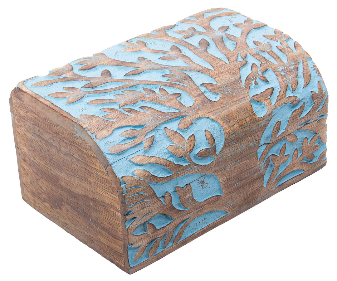 Schatzkiste Baum des Lebens, massive Holz-Schatulle Dekobox hellblau, 23 x 14,5 x 11 cm, Blau