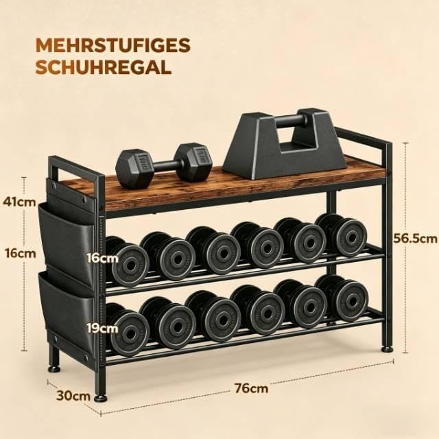 Schuhbank mit sitzfläche 3 Ebenen für 9-12 Paar, Schuhregal schmal mit Seitentaschen, Metall-Holz Sc