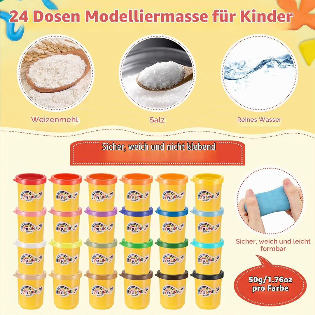 Knete Set für Kinder, 24er Set Knetmasse für Fantasievolles und Kreatives Spielen, 24 Farben Knete m