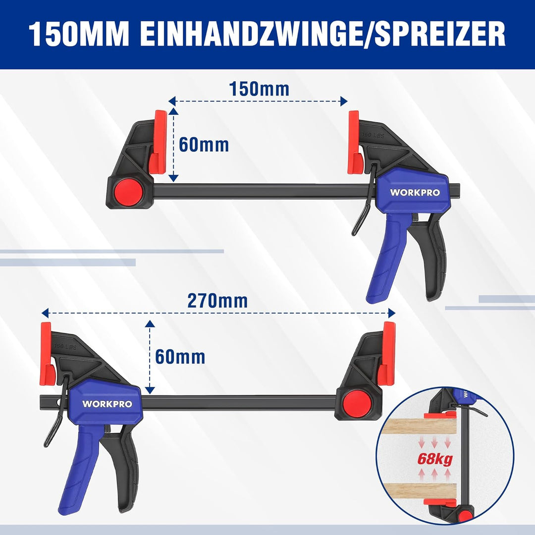 WORKPRO Einhandzwingen Set 4 Stück Schraubzwingen Spanner, Spannweite 120mm/150mm, Dehnbereich 200mm