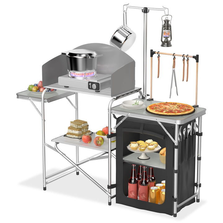 FIVMEN Campingküche Faltbar Camping Küche Campingschrank Aluminium mit 3 Arbeitsplatten, Schränkfach