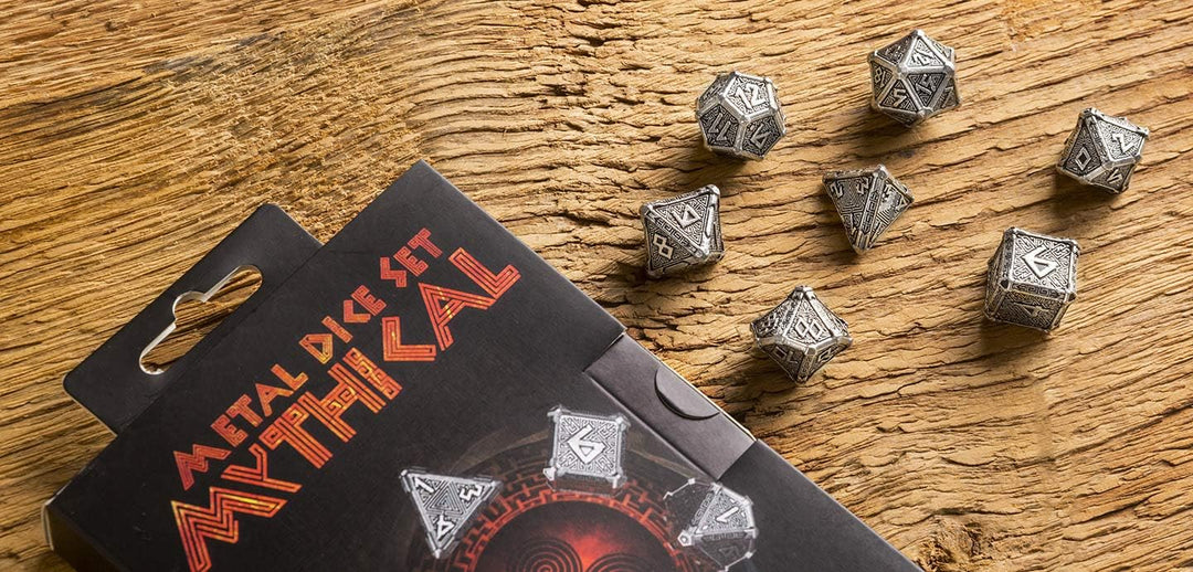 Q WORKSHOP Metal Mythical 7 Polyhedral Ornamented Dice Set Mythical 7 Polyhedral Pieces, Mythical 7