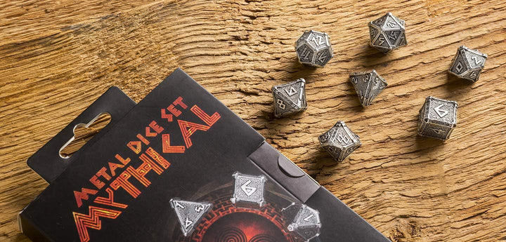 Q WORKSHOP Metal Mythical 7 Polyhedral Ornamented Dice Set Mythical 7 Polyhedral Pieces, Mythical 7