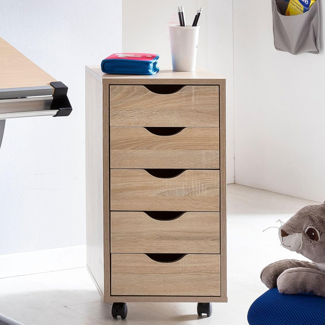 Wohnling Rollcontainer 33 x 64 x 38 cm MDF-Holz 5 Schubladen Sonoma, Moderner Schubladencontainer mi
