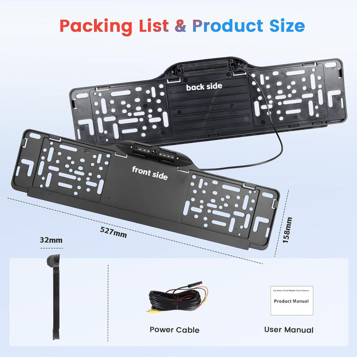 Kennzeichenrahmen EU Rückfahrkamera 7LED, Wasserdicht, Nachtsicht, Weitwinkel Full HD 1080P, Einstel