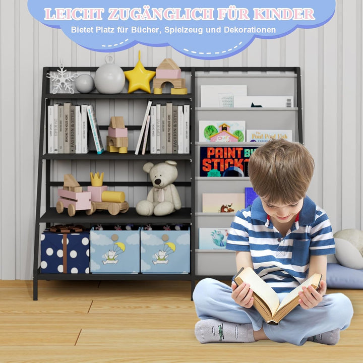 Bücherregal Kinder Metall mit 5 Fächern und 3 Abalege, Kinderregal Montessori Spielzeug-Organizer fü