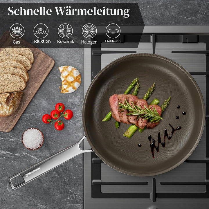 Innerwell Titan Keramik Bratpfanne 24 cm, Induktion Pfanne mit Deckel, Edelstahl Pfanne mit Antihaft