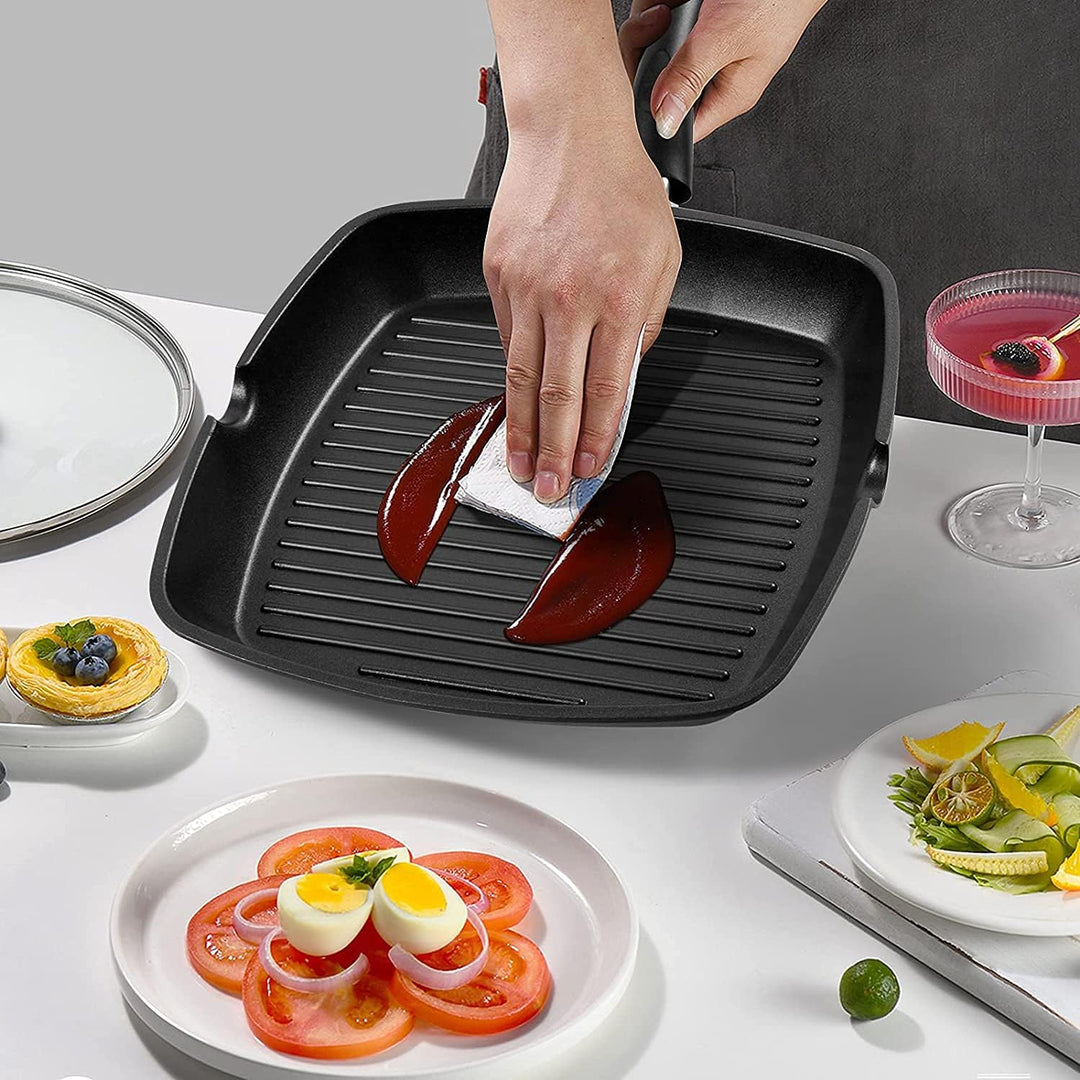 Grillpfanne 28×28 cm, Steakpfanne Induktion aus Aluminiumguss, induktionsgeeignet Pfanne, PFOA-freie