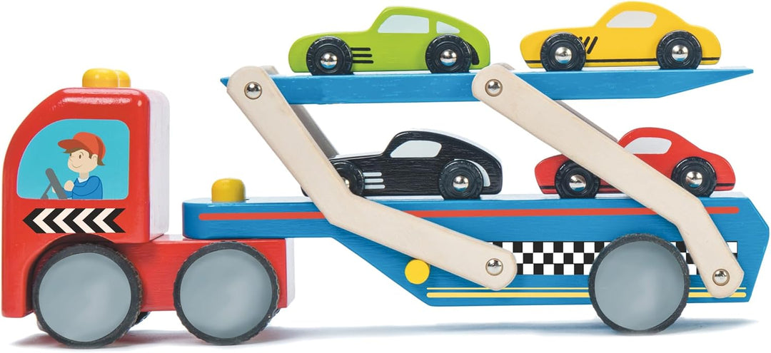 Le Toy Van – Rennauto-Transportfahrzeug Spielset aus Holz – Mit 4 Holzautos | Für Mädchen & Jungen F