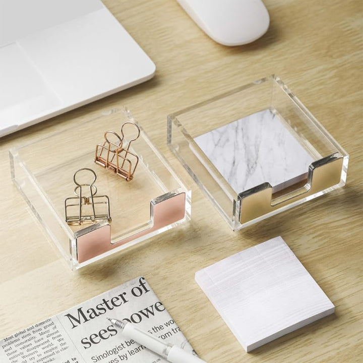 LALAFINA 2 Stück Transparenter Memo Pad Holder mit Roségoldenem Stiftehalter Praktischer Notizzettel