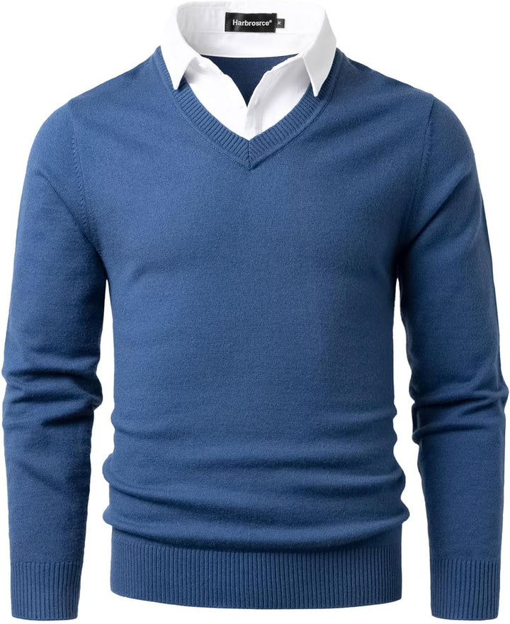 Harbrosrce Herren Strick Pullover V Ausschnitt Strickpullover Feinstrick Mock Hemdkragen Strickwaren