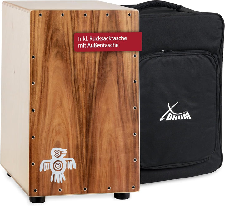 XDrum Cajon Peruana Koa (3 mm Schlagplatte, 9 mm Birkenkorpus, 48 cm hoch, inkl. Rucksack-Tasche)